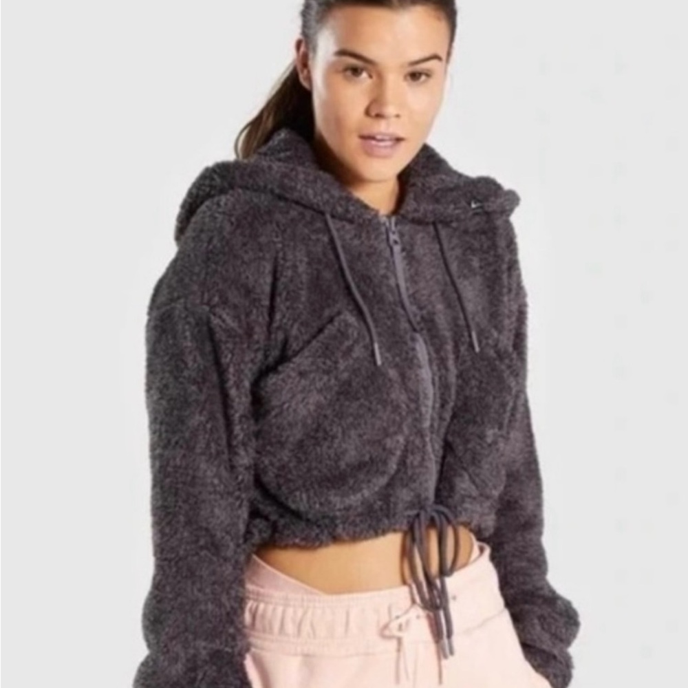 Gym Shark Full Zip Cozy Teddy Gray Fleece Jacket Hoodie